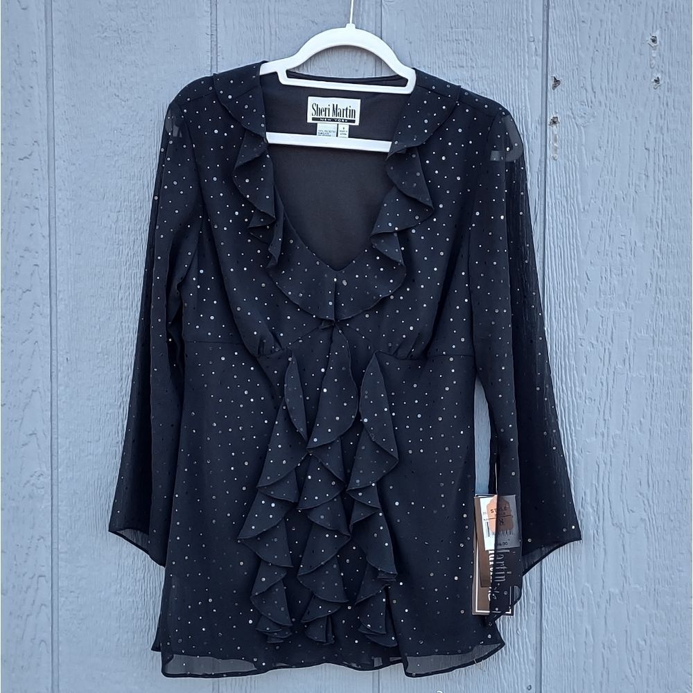 Sheri Martin New York Ruffle V Neck Evening Top Black Size 8